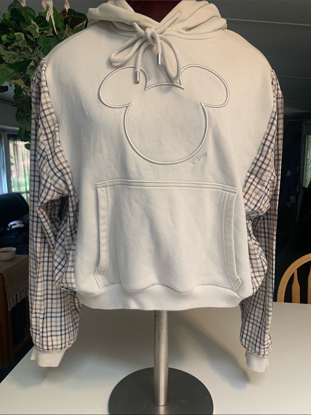 Upcycled Disney Graphic Hoodie with Men’s Plaid Shirt Creation